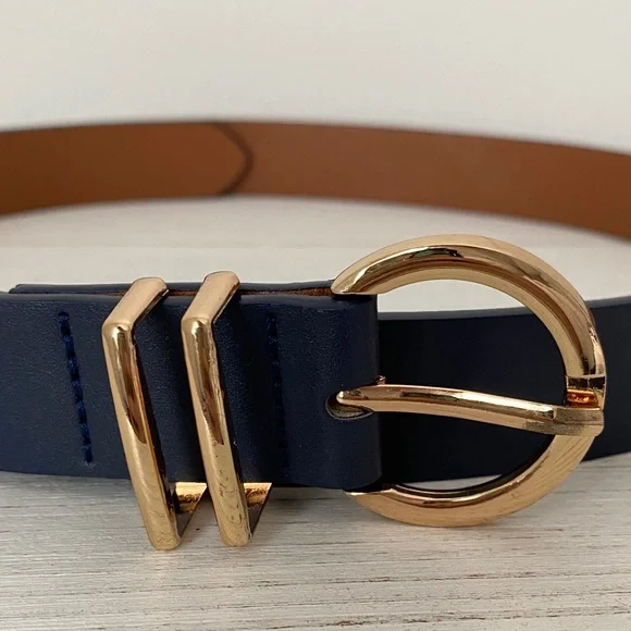 Elegant Navy Blue Belt with Gold Buckle - Picture 2 of 4